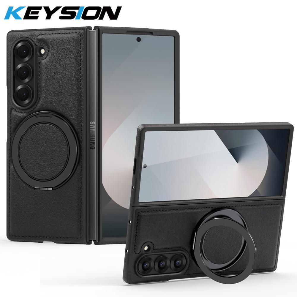 KEYSION Чехол из искусственной кожи MagSafe для Samsung Z Fold 6 5 4 3 5G с вращающимся на 360° магнитным кольцом-подставкой и функцией беспроводной зарядки