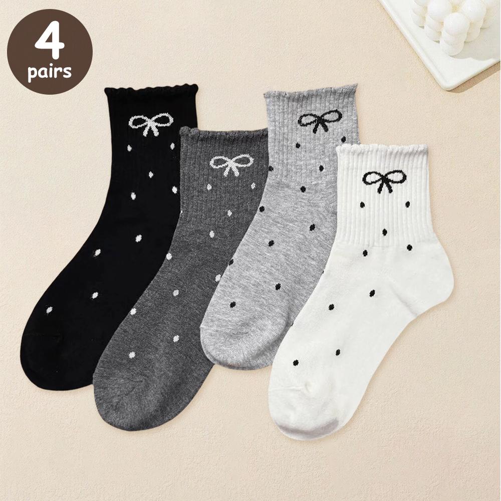 4 Pairs Four Seasons Tulip Embroidery Midtube Socks Simple Solid Color Sports Socks Sweet Lace Stockings for Women