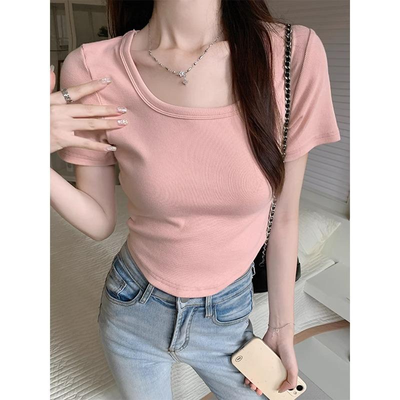 Dopamine Whitening Slim Right Shoulder Square Collar Short-sleeved Pure Desire T-shirt Summer Curved Hem Bm Short Crop Top