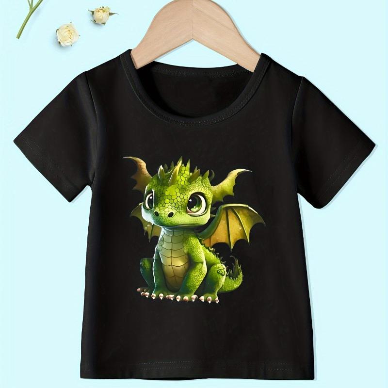 Cute Cartoon Green Dragon Print Short Sleeve Kids T-Shirt