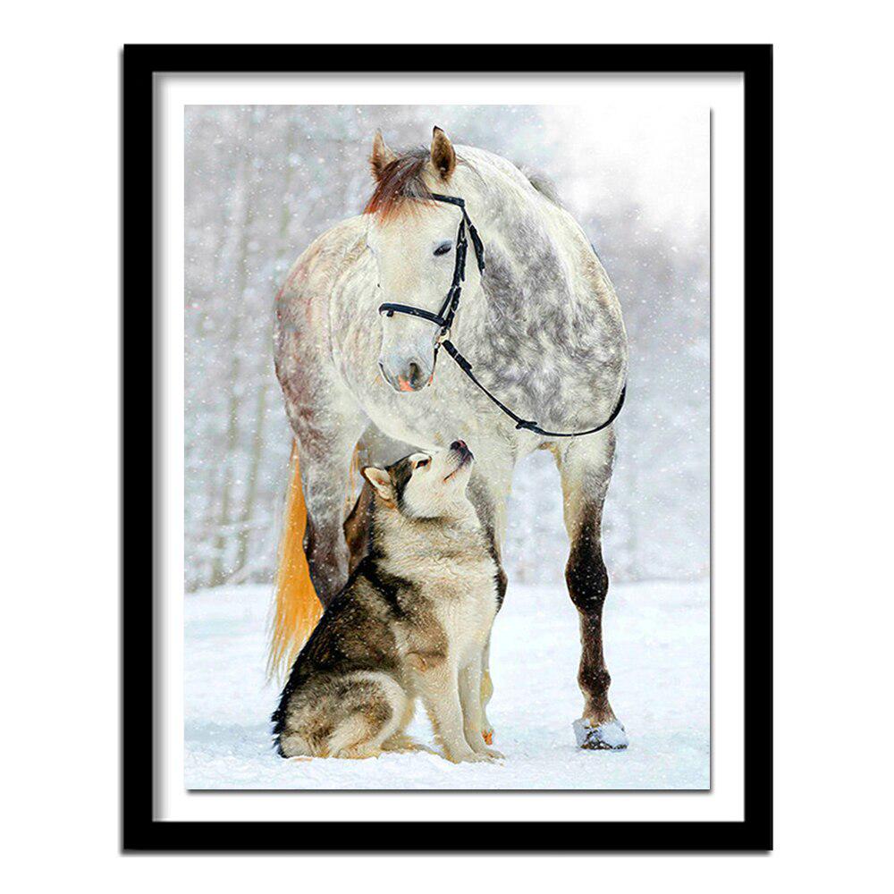 Full Round Diamond Painting Cross Stitch Snow horse&Wolf Full Round Diamond Husky Winter Dog