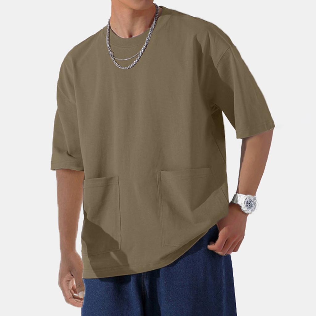 Men's Retro Solid Color Double Pocket Wide Cut Large Drop Shoulder 5/4 Sleeve T-shirt