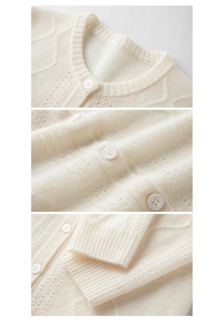 Pure Cashmere Women's V-Neck Cardigan with Elegant Hollow Diamond Pattern for Autumn/Winter