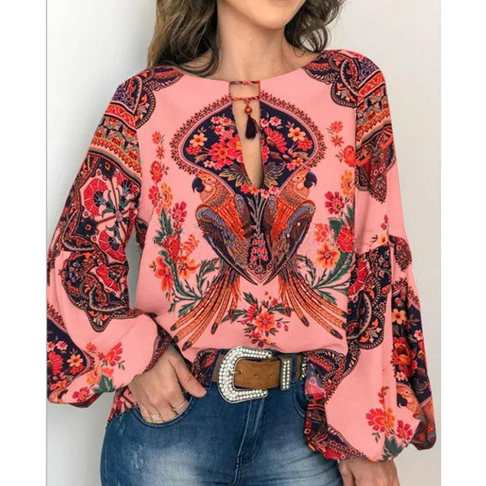 Women Bohemian Clothing Shirt Vintage Floral Print Tops Ladies Blouses Balloon Sleeve Shirt