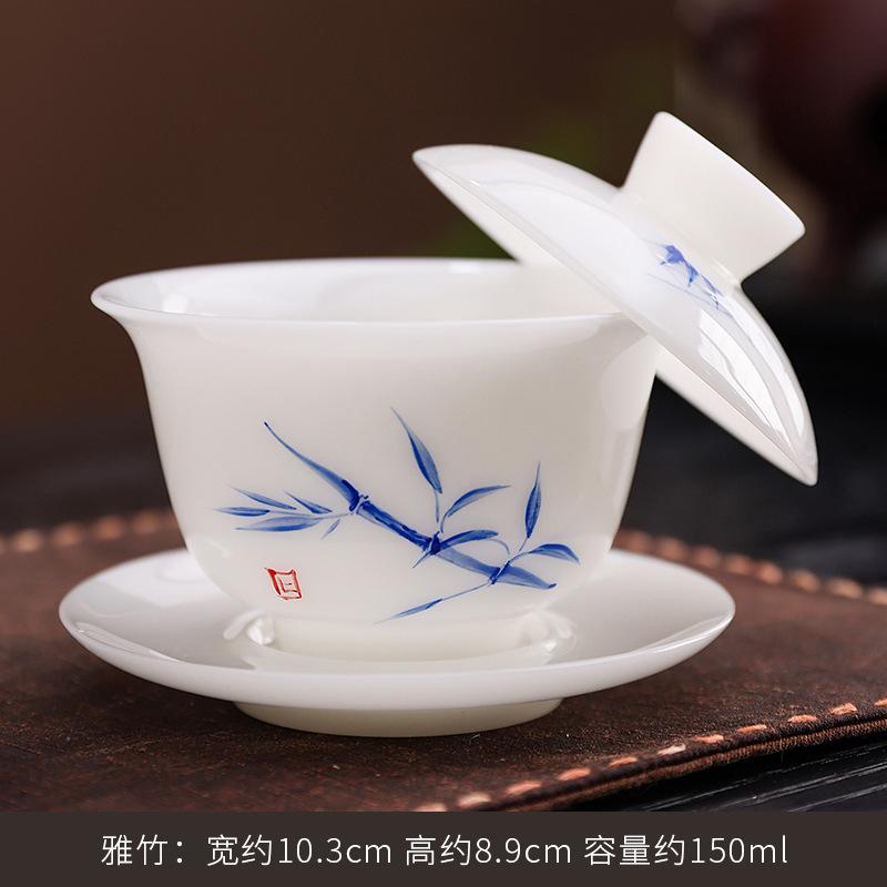 Dehua white porcelain suet jade white porcelain cover bowl lard white tea cup household large hand-painted Sancai cover bowl kung fu tea set
