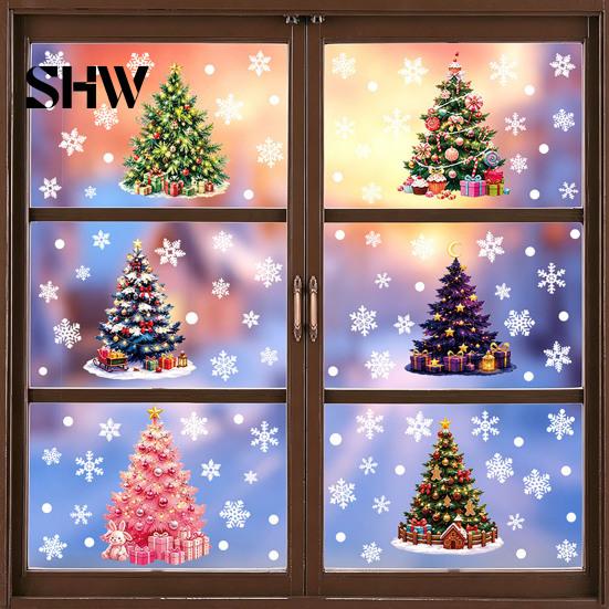 Transparent Christmas Window Film 6Pcs Colorful Tree Snowflake Static Sticker, PVC Cling, Removable Decal Decorative Glass Stickers for Parties