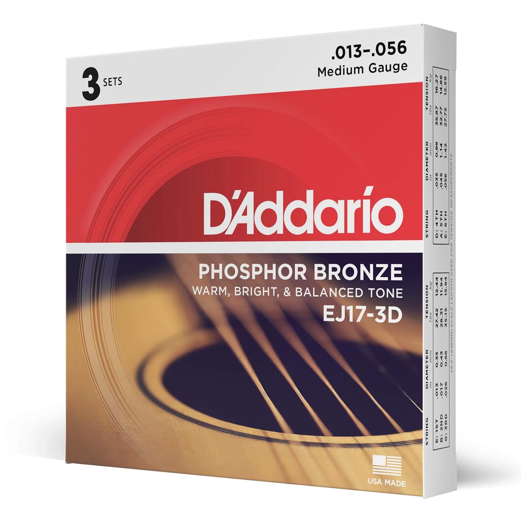Струны для акустической гитары D'Addario из фосфорной бронзы, средние, .013-.056, EJ17-3D, 3 комплекта