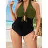2025 Solid Patchwork Plus Size Swimwear Women Tied Halter Hollow One Piece Swimsuit Push Up Backless Big Bathing Suit