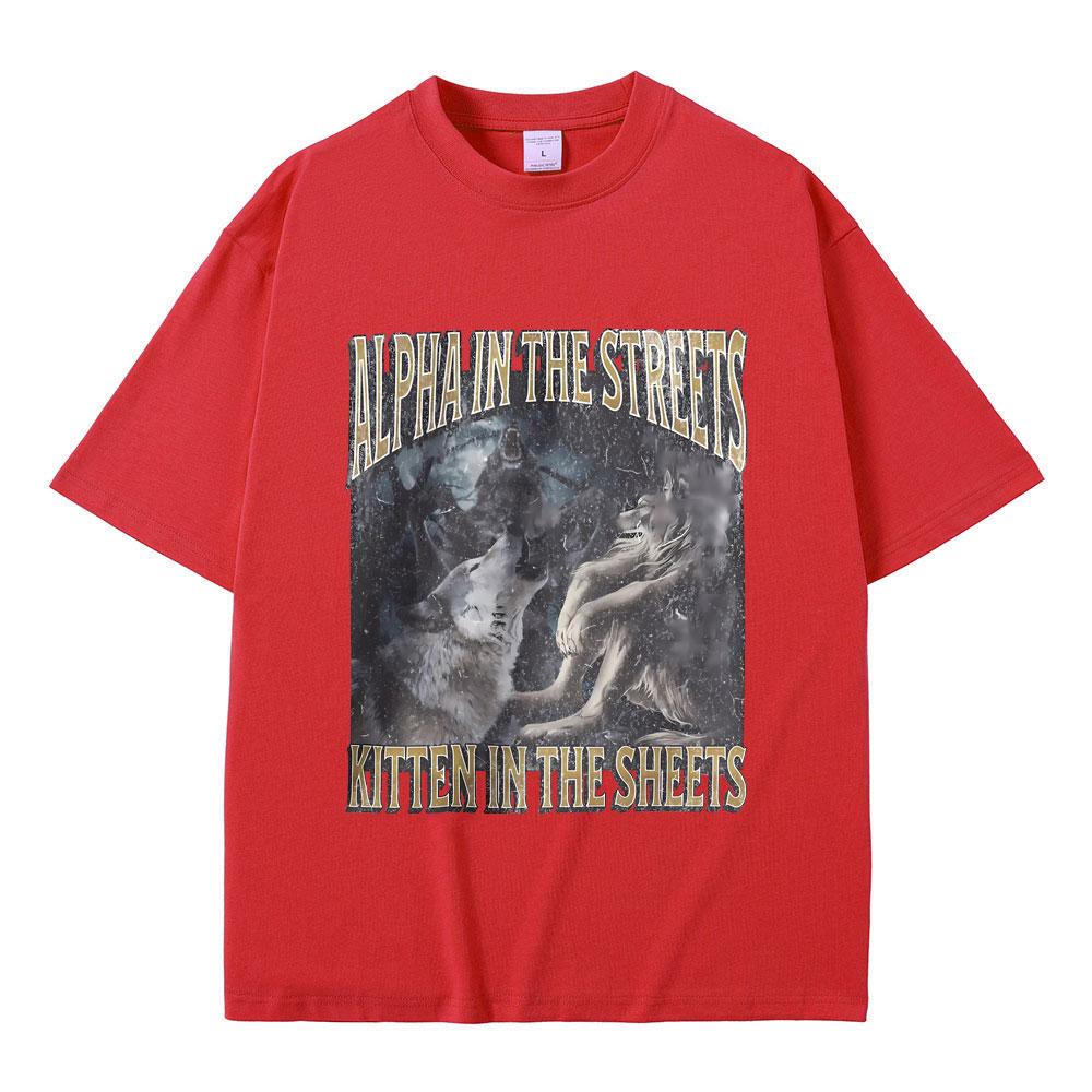 Альфа на улице, котенок в постели, смешная футболка с мемом про оборотня, мужская, женская, повседневная, оверсайз, уличная одежда, мужская модная футболка