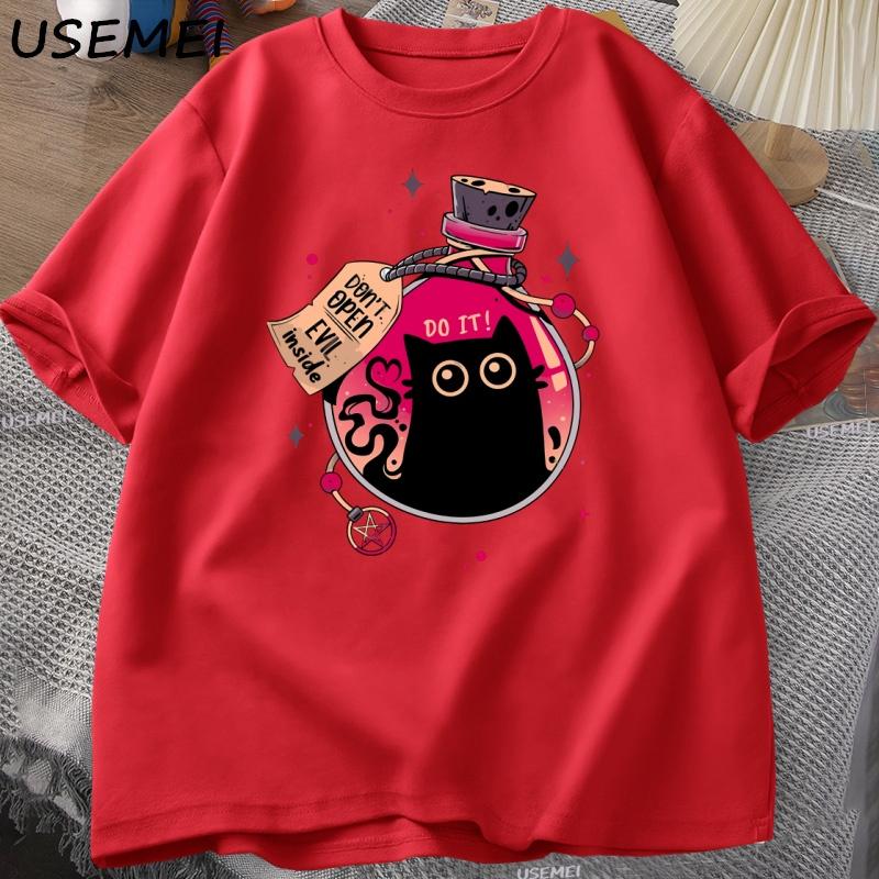 Bottled Evil Black Cat T Shirt Trendy Cotton Summer Tops Loose Short Sleeves Cat Design Clothes Men Streetwear Clothes
