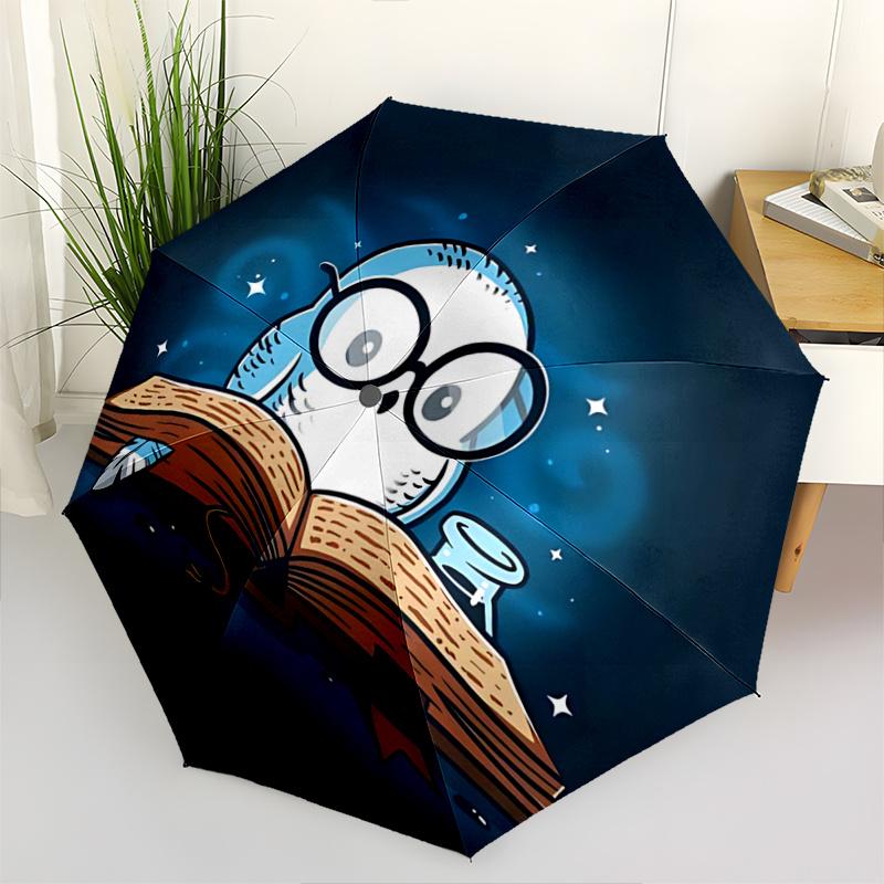 1pc Reading Owl Harry Potter Pattern Automatic 3-Fold Umbrella, 8 Iron Frames, High-Value Folding Umbrella, Suitable for Office, Travel and Outdoor Ad