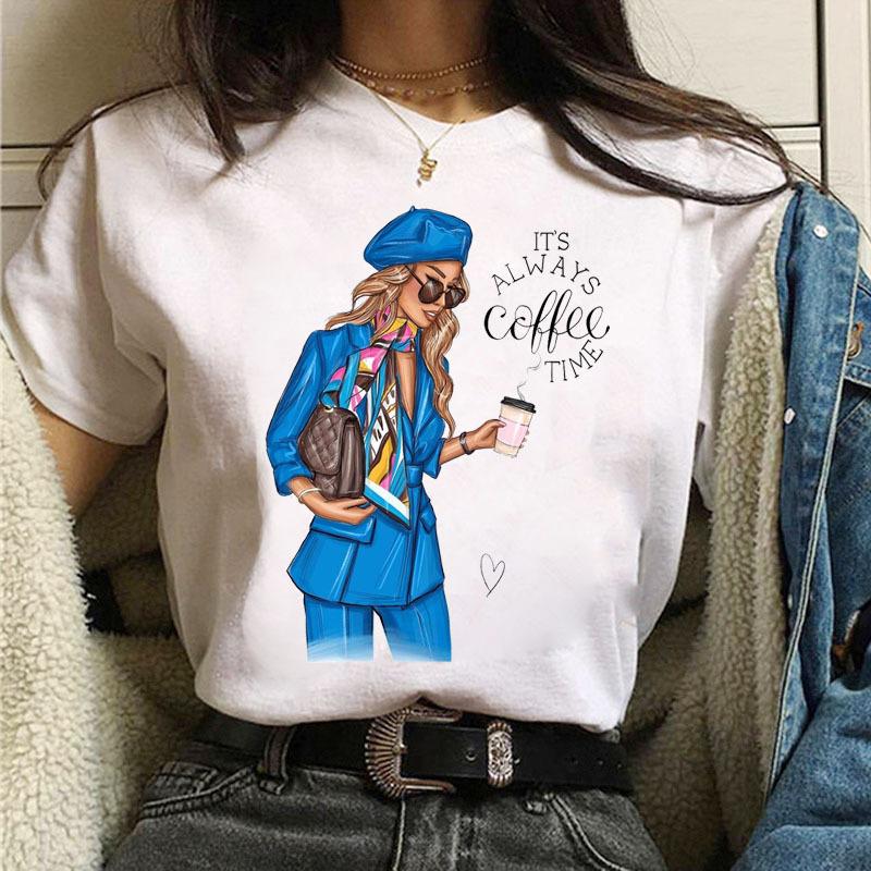 Летняя мода Coffee Girl Urban Base Shirt Круглый вырез Чистый хлопок Короткие рукава Женские футболки Женские