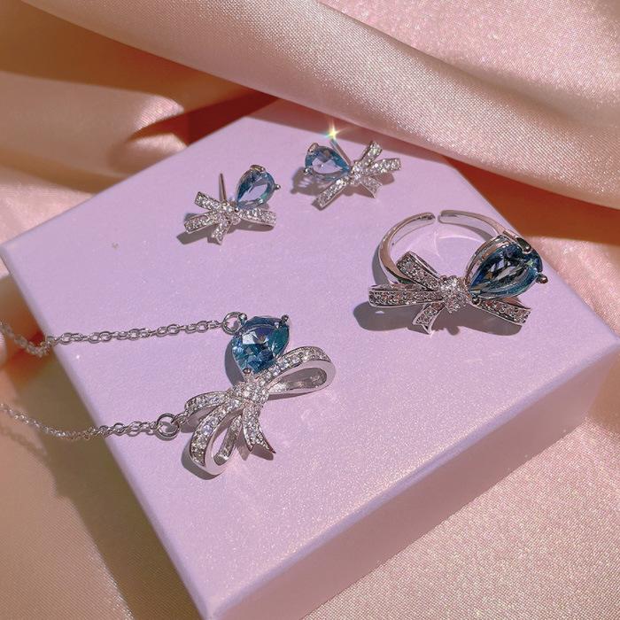 Same Jewelry Three Piece Bow Necklace Earrings Fashion Exquisite Zircon Ring