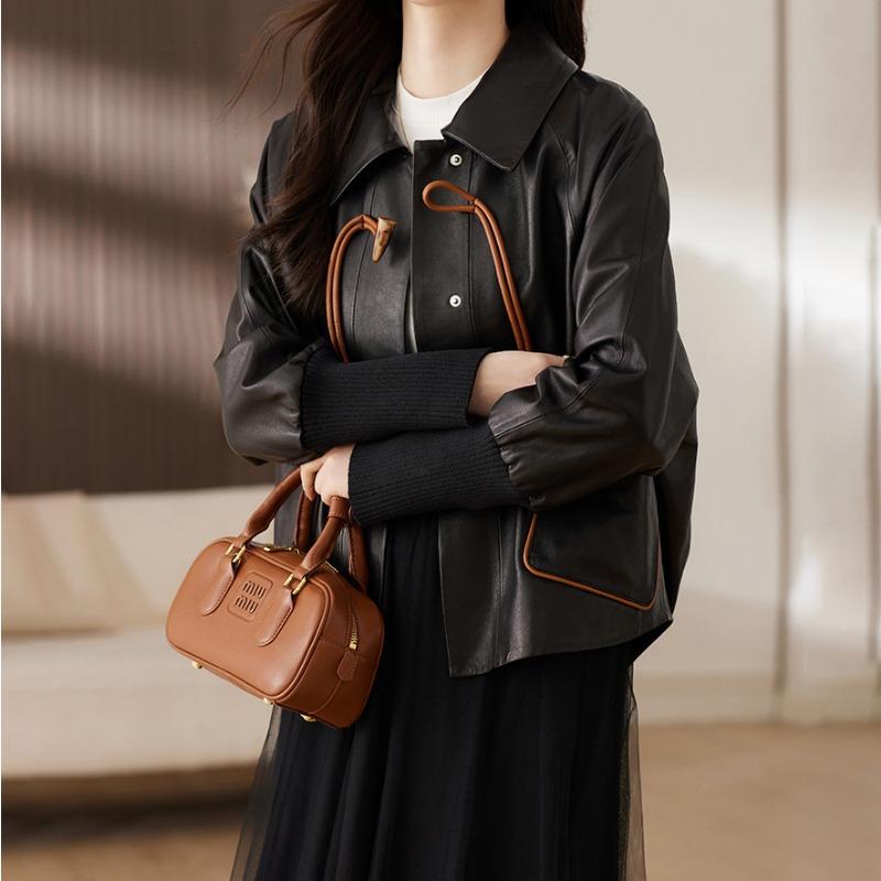 Весна и осень Новый стиль Национальный стиль Натуральная кожаная куртка Женская свободная овчинная куртка Модная черная куртка с короткими лацканами