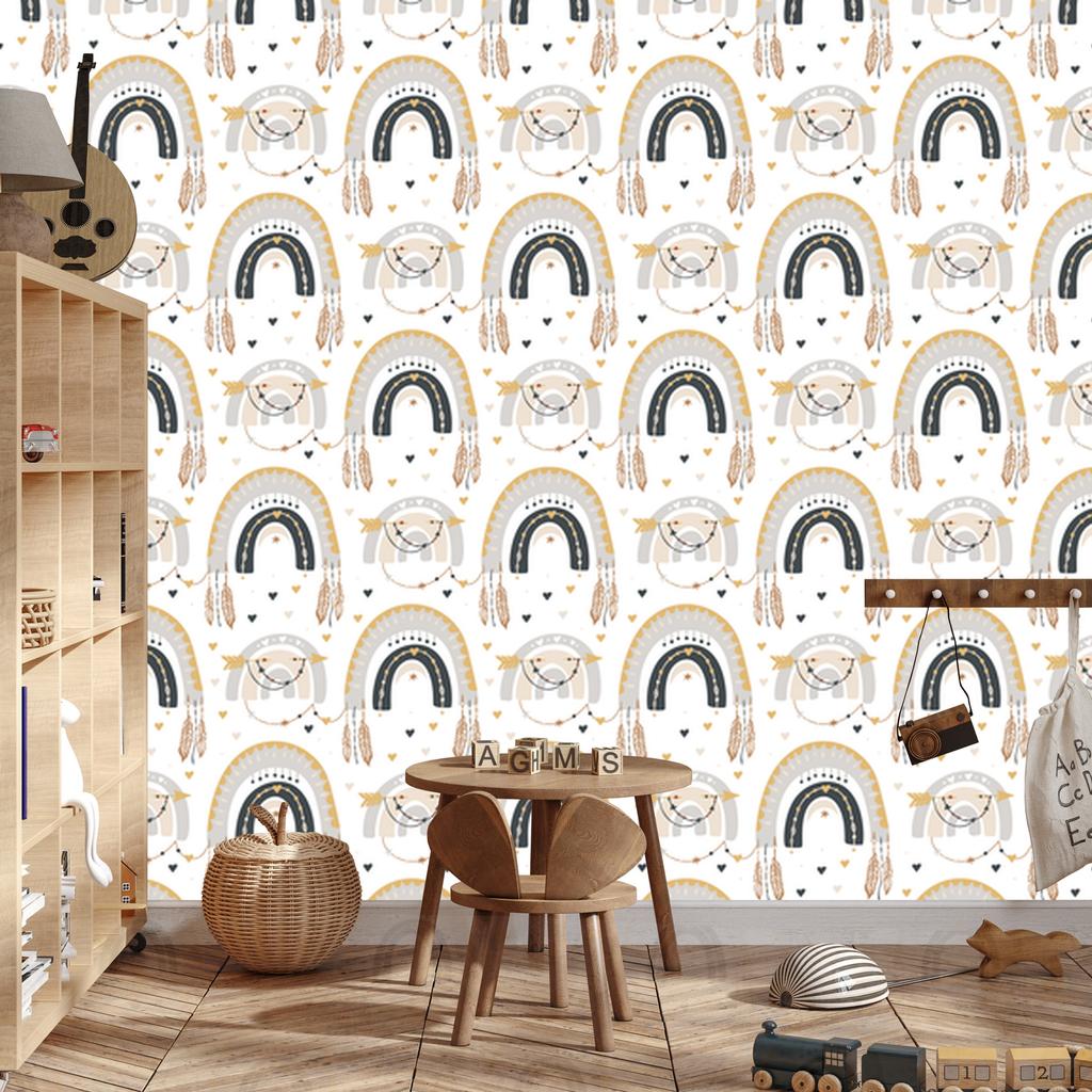 Rainbows and Butterflies Boho Wallpaper, White and Light Gray, 50x1000