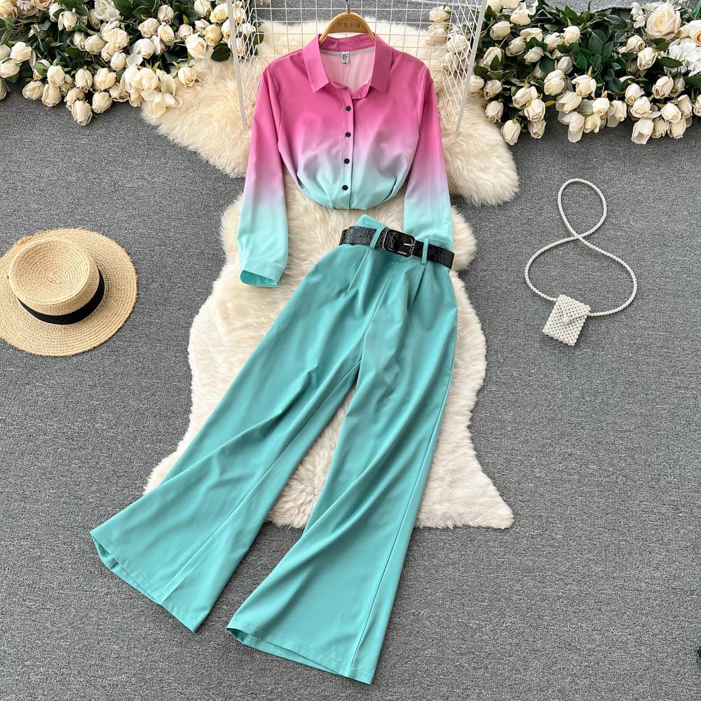 RUGOD Европейская и американская мода подходит женским градиентным рубашкам с длинными рукавами, женским повседневным прямым широким брюкам