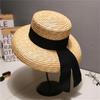 Summer Straw Hat Pearl Pin Women's Summer Seaside Sunshade Hollow Groove Flat Top Straw Hat  Sombrero