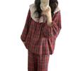 Women's Red Plaid Lace Trim Pajama Set - Long Sleeve & Pants
