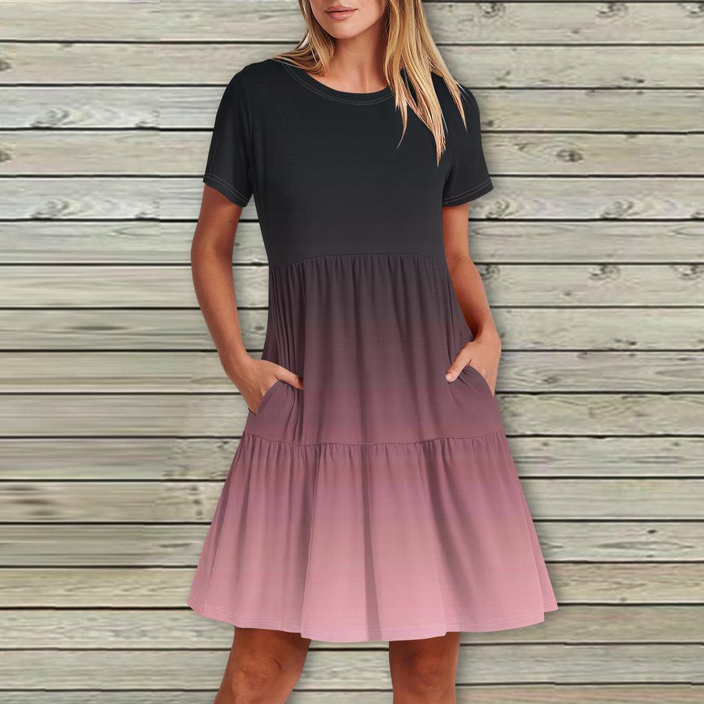 Женское повседневное модное платье-миди с круглым вырезом и коротким рукавом с принтом и карманом