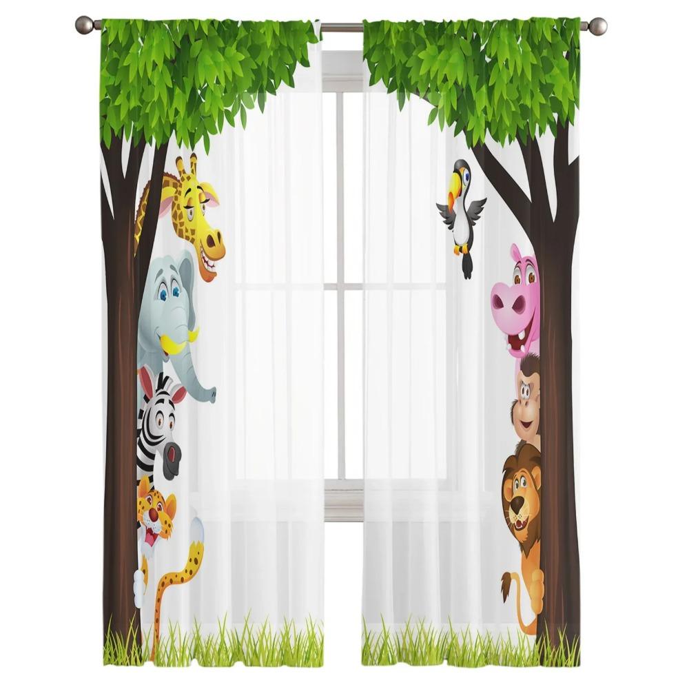 Jungle Forest Cartoon Animal Lion Elephant Tulle Sheer Curtains for Living Room Bedroom Window Curtain Voile Organza Drapes