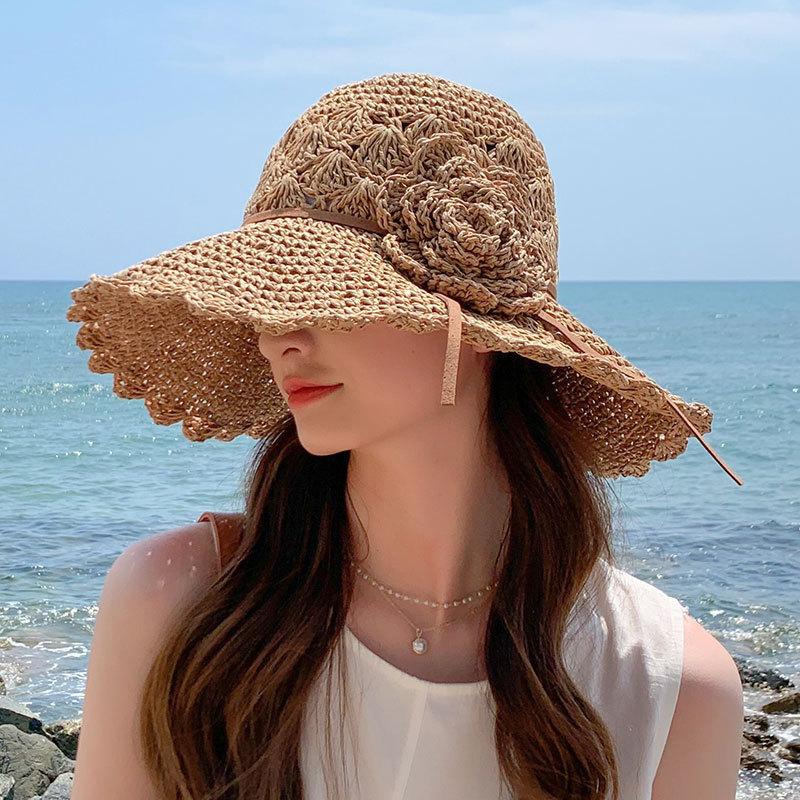 Женская соломенная шляпа с кружевным бантом, летняя шляпа с защитой от солнца, модная складная шляпа