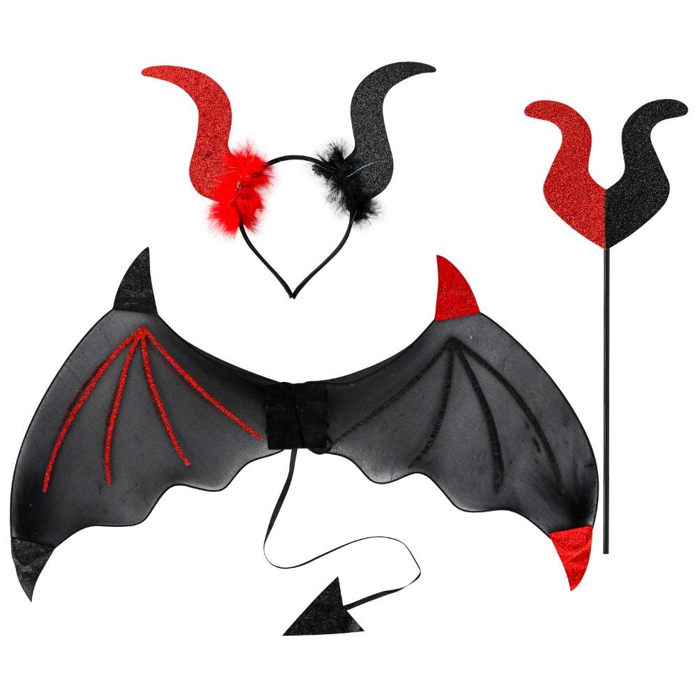 3Pcs/Set Demon Horn Hair Band Halloween Cosplay Props Funny Demon Wings Set  Costume Party