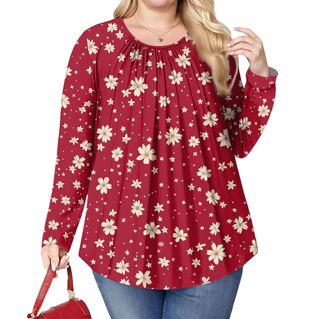 Women's Plus Size Fashion Printed Casual Pleated Round Neck Long Sleeve Top