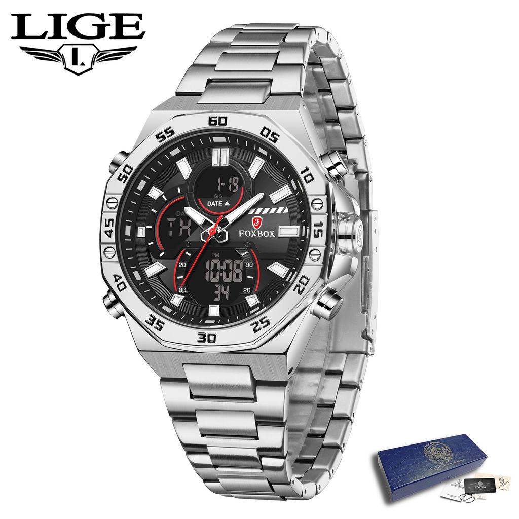 LIGE Лидирующий бренд FOXBOX 2024 Новые полностью стальные мужские часы с цифровым двойным дисплеем, ночником, водонепроницаемые кварцевые часы