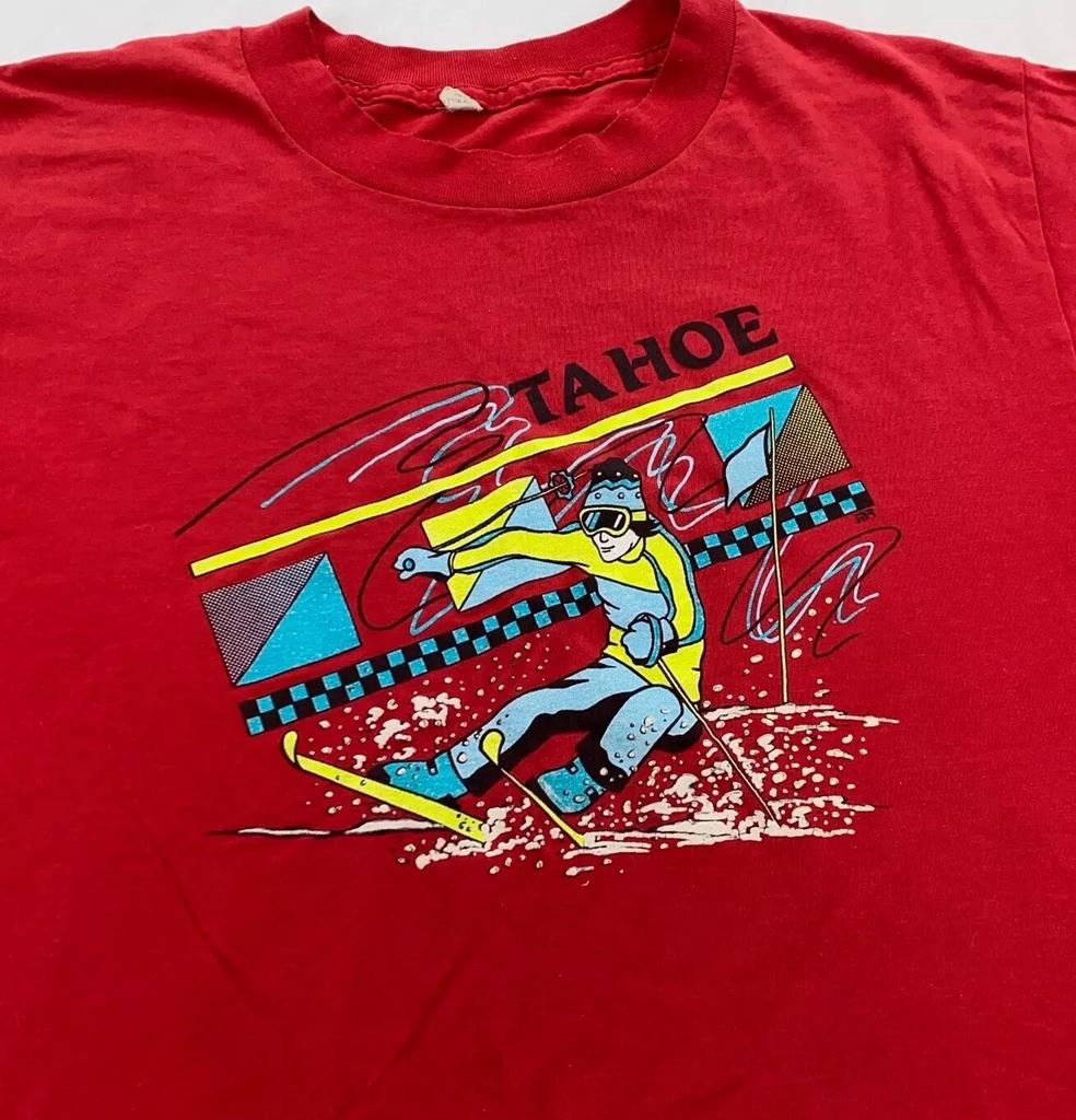 Винтажная футболка 80-х TAHOE SKIING MEDIUM/LARGE серфинг пляж мягкая тонкая
