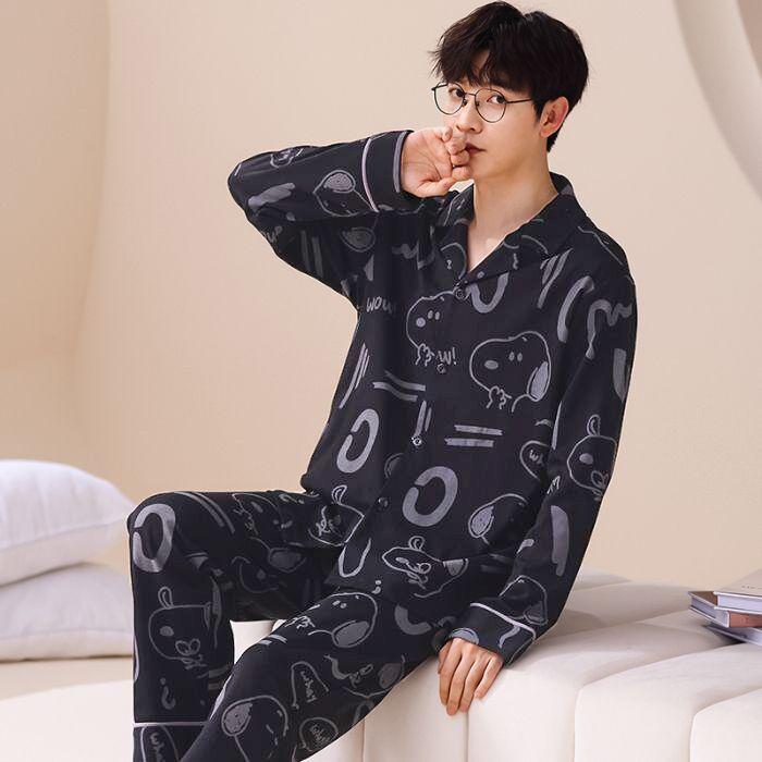 Cartoon cute pajamas couple outfit one man and one woman spring and autumn pure cotton long-sleeved thin teen men's loungewear