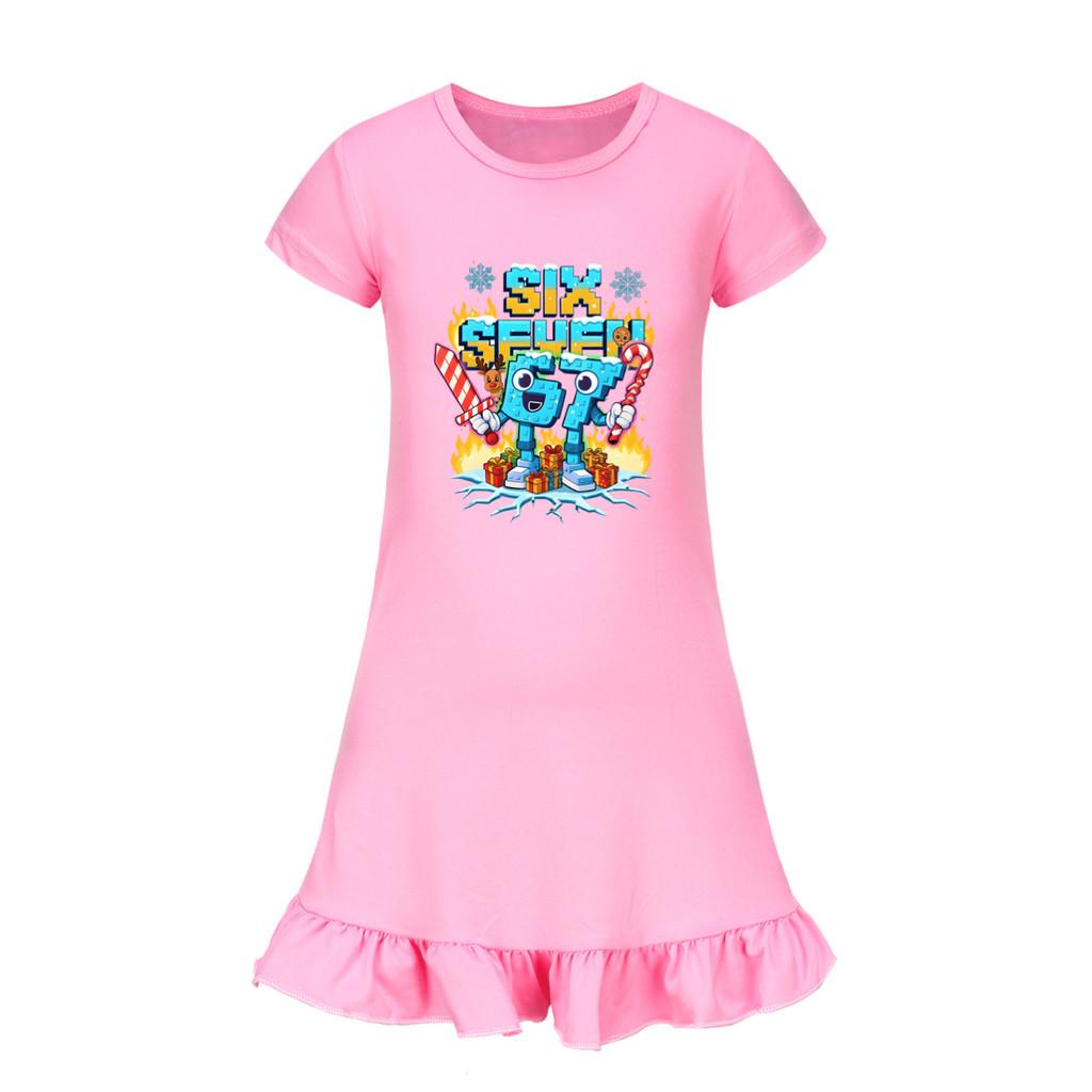 5193 Детское Платье для Девочек Steal a Brainrot 67 Six Seven с Принтом и Короткими Рукавами с Рюшами