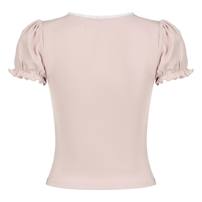Sweet Button-up Top Women's Summer Cute Slim-fitting Contrast Lace Stitching Bow Square Collar T-shirts Y2K Korean Tees