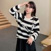 Плюс Размер Женский Стереоскопический Цветочный Длинный Рукав Топ Осенний Полосатый Трикотаж