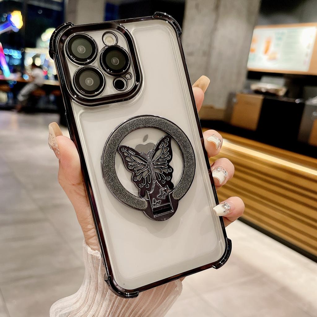 Applicable to iPhone16ProMax mobile phone case butterfly glitter bracket Apple 15 four corners anti-drop protective case
