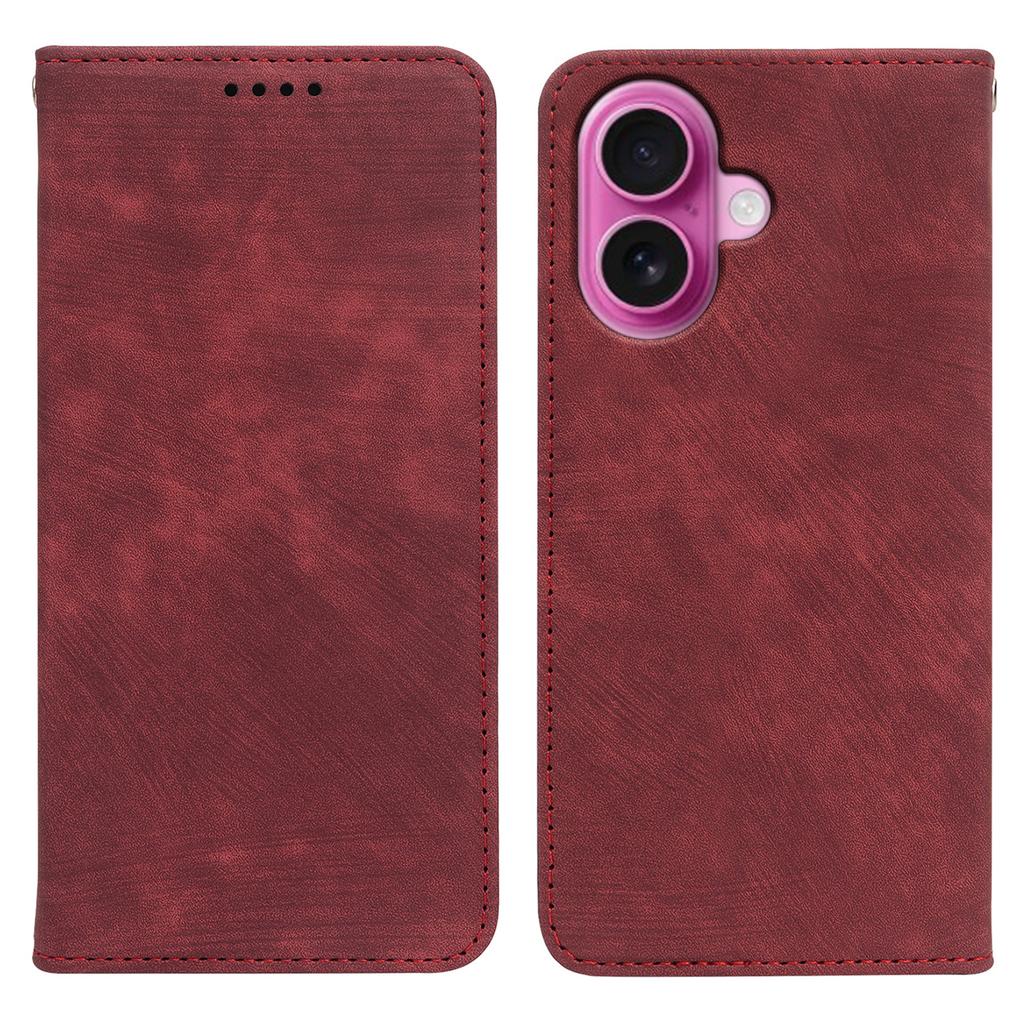 For iPhone 16 Case Strong Magnetic Leather Wallet Phone Cover with Striped Texture - Black