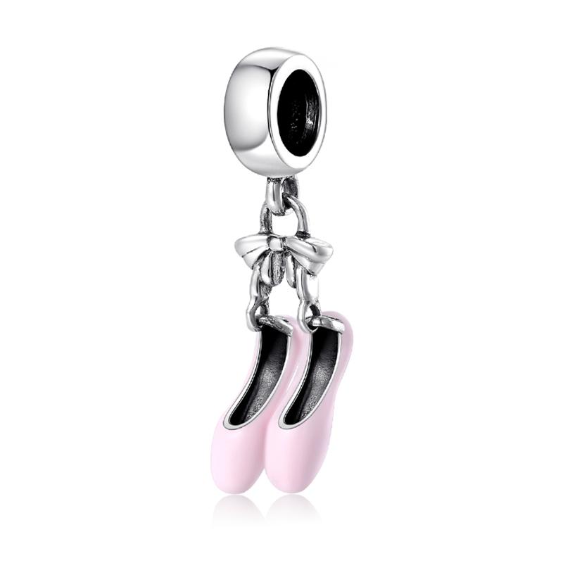 Real 925 Sterling Silver Pretty Dance Shoe Enamel Pink Pendants Fit Bracelet Beads Fashion Jewelry Accessories Jewelry