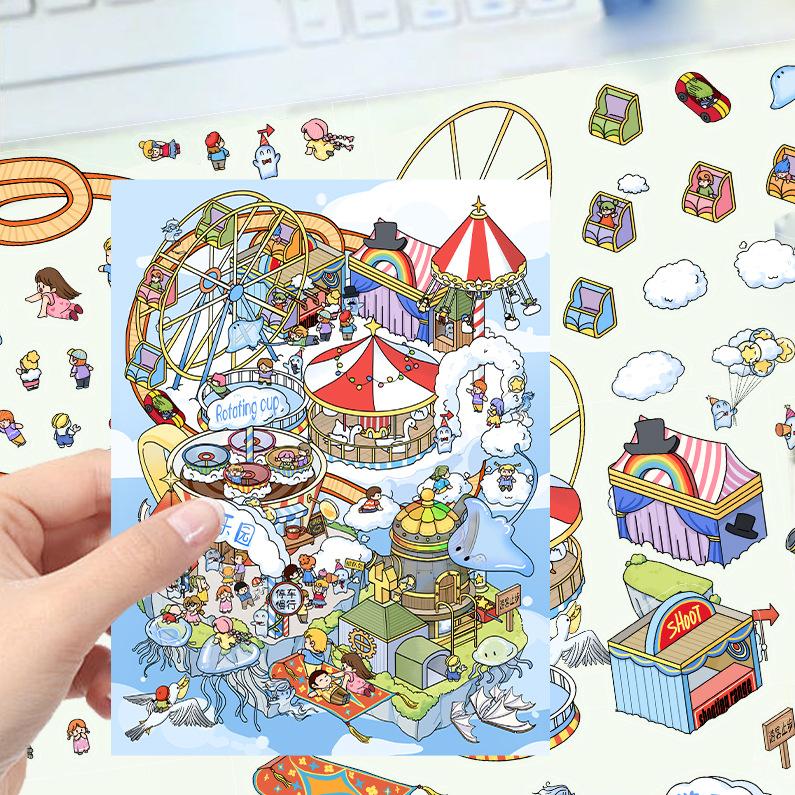 Cartoon Landscape Stickers Multiple Miniature World 3D Hut Unzip DIY Scene Manual Post