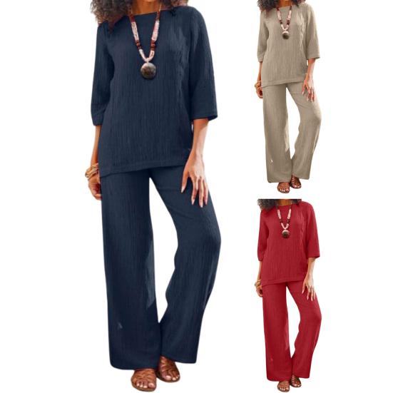2 Pcs/Set Women Top Pants Set O Neck Three Quarter Sleeves Loose Retro Elastic
