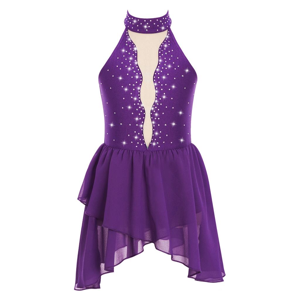 Kids Girls Rhinestone Lyrical Dance Costume Sheer Mesh Patchwork Sleeveless Irregular Hem Dress Dancewear