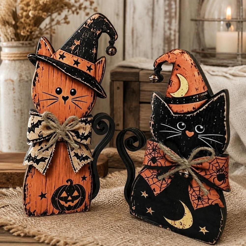 Rustic Witch Cat Decor Double Side Desktop Decoration Wooden Halloween Figurine Indoor Decor
