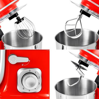 KitchenCook Робот-тестомес 5 л - 1300 Вт - 6 скоростей - Съемная чаша из нержавеющей стали - Крюк для теста - Венчик - Красный