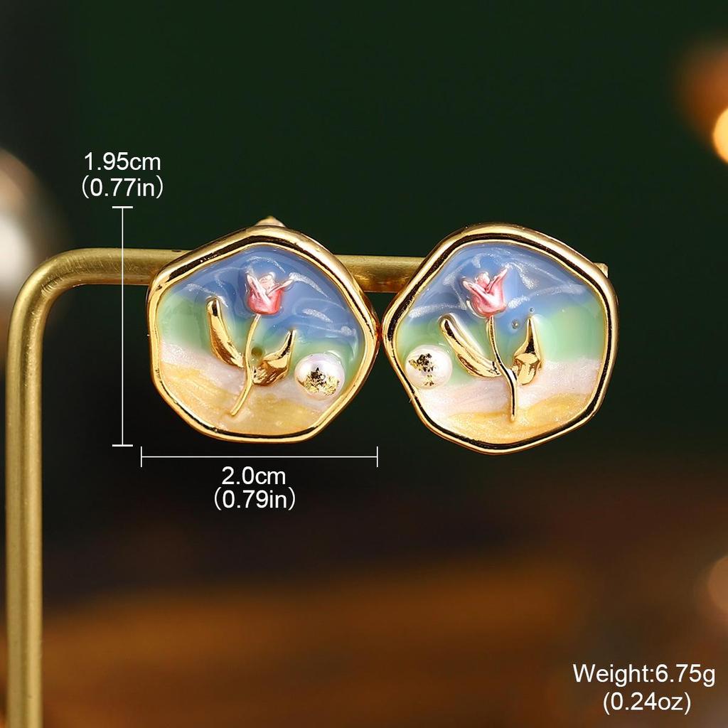 Серия картин Ван Гога и Моне: Серьги-пусеты «Французский цветок» из эмали с натуральным жемчугом, серебро 925 пробы, летняя коллекция.