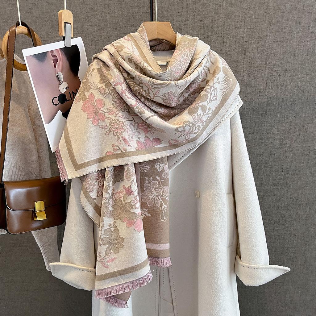 Autumn And Winter Phoenix Flower Jacquard Scarf Women'S Versatile Thickened Warm Scarf Shawl Dual-Purpose