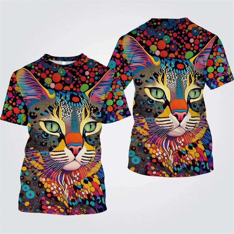 Цветная футболка с рисунком кота для мужчин Футболки с 3D-принтом животных Летние повседневные модные свободные футболки с круглым вырезом большого размера Топы