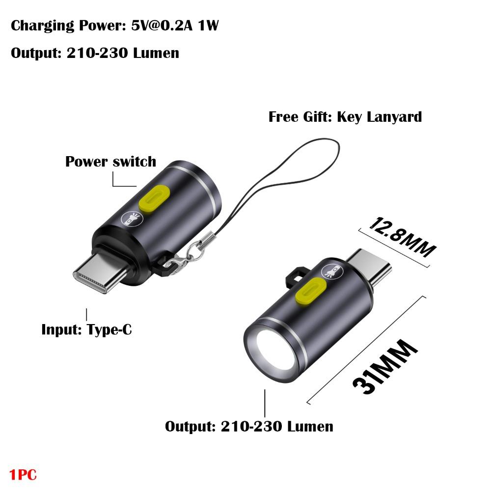 230 High Lumens Type-C Mini Flashlight Portable Plug and Play USB C Emergency Lamp Aluminum Alloy with Lanyard