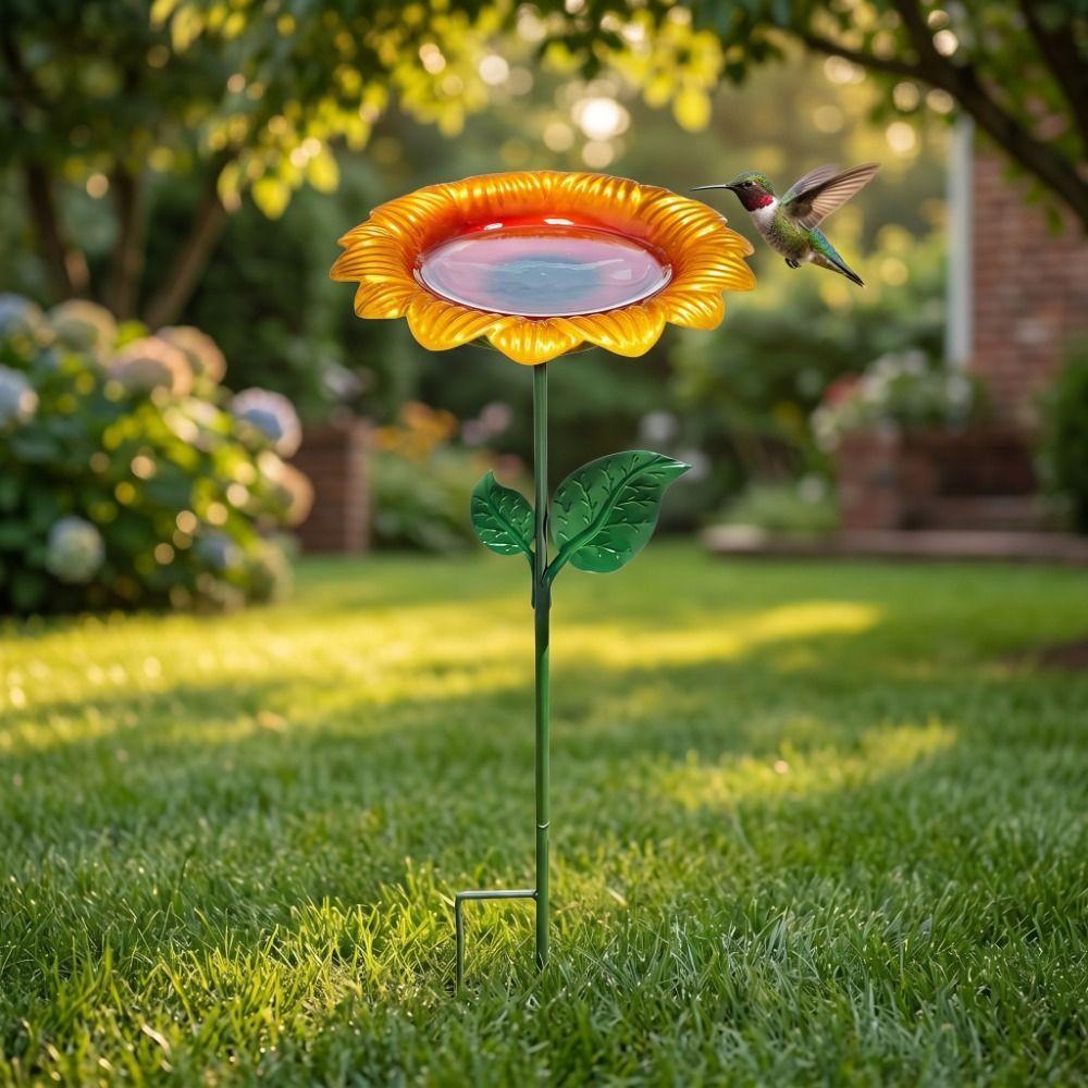 Metal Bird Bath Sunflower Flower Garden Stake Decorative Bee Butterfly Watering Station Garden