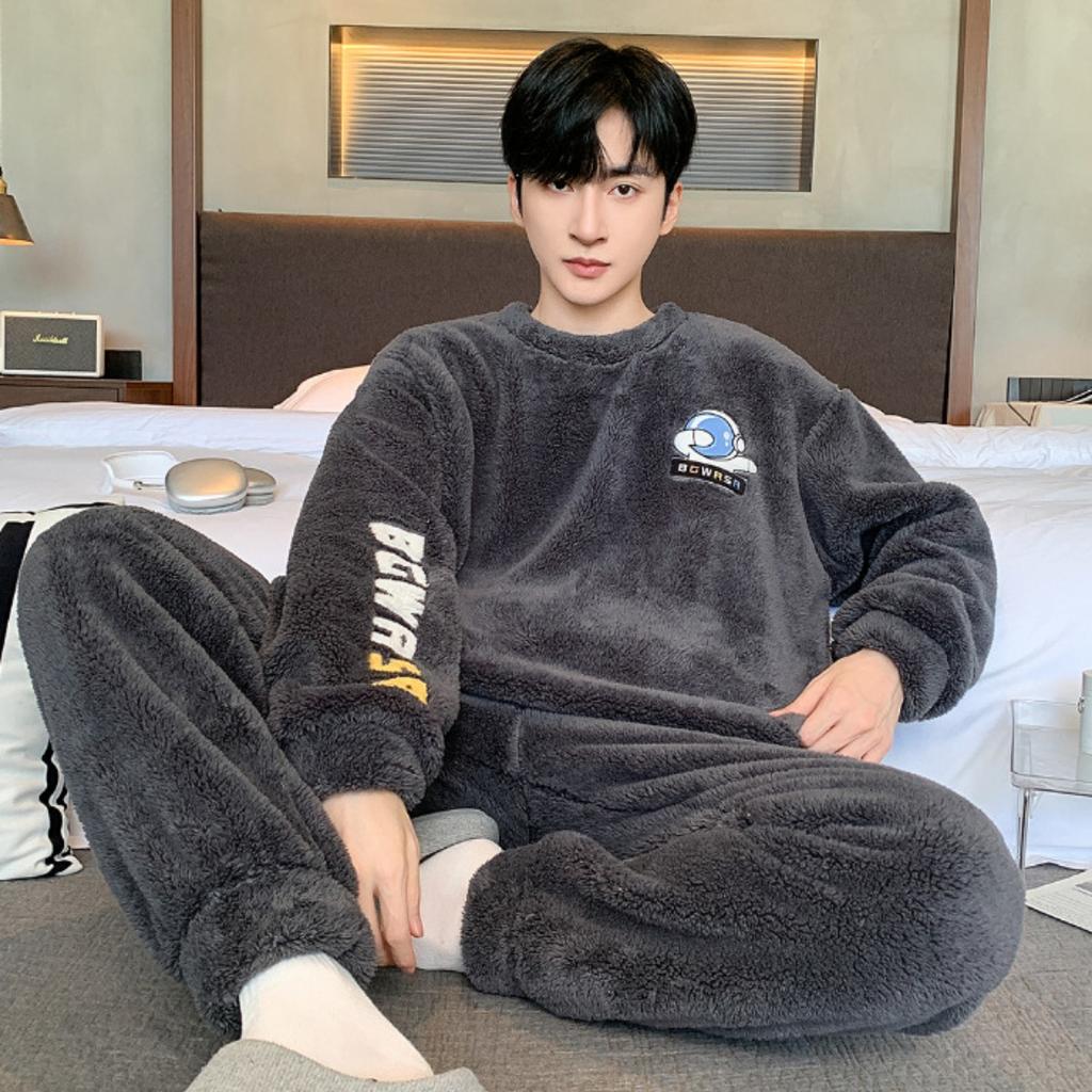 Зимняя одежда, коралловый флис, пижамы, мужская одежда, утепленный флис, круглый вырез, брюки с длинными рукавами, костюмы, домашняя одежда
