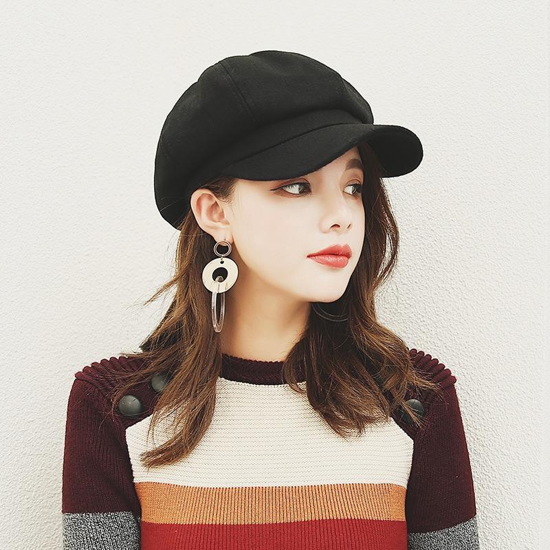 Woolen Beret Autumn and Winter Versatile Solid Color Newsboy Painter Hat Trendy Duck Tongue Octagonal Hat