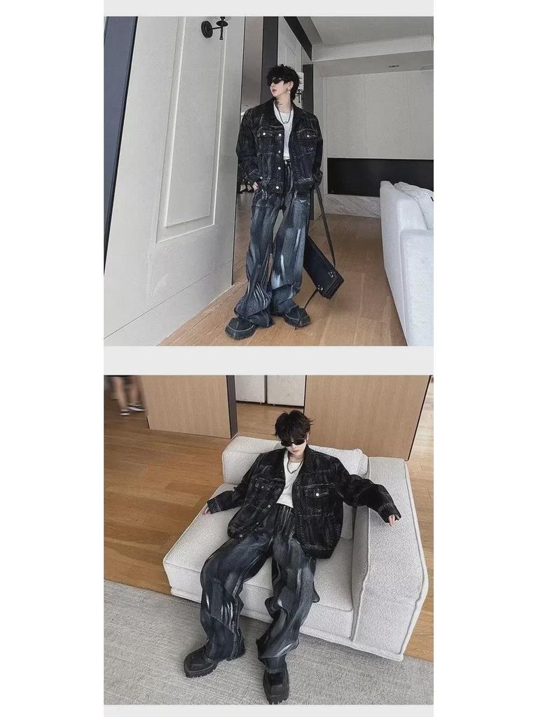 Men's Retro Washed Denim Ink Suit - Trendy Two-Piece Jacket & Trousers Set