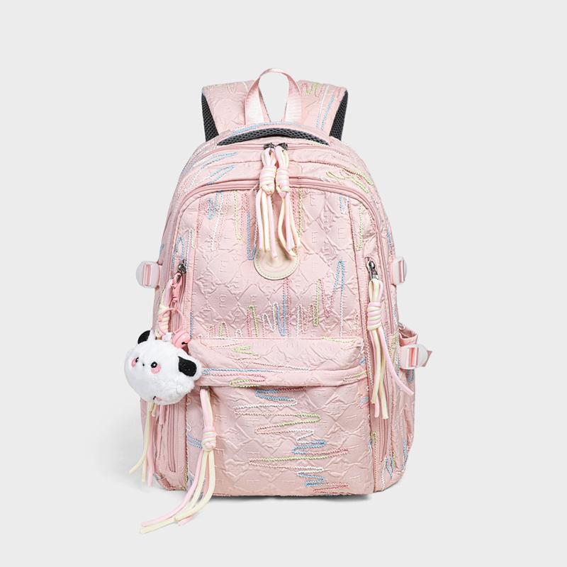 Cute Pastel Quilted Backpack for Women,Girls,Students & Teens,Embroidered Daypack with Smile Patch & Plush Charm,Kawaii Rucksack
